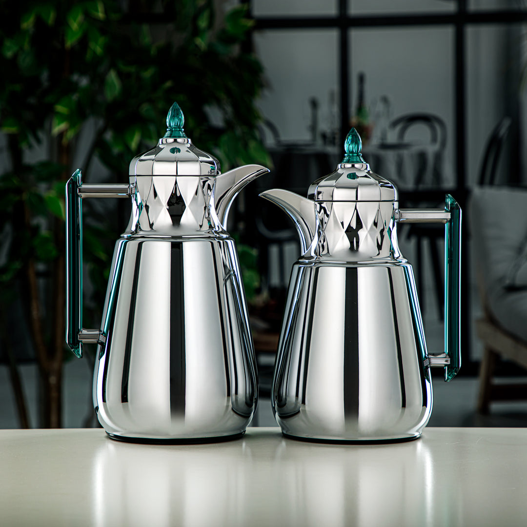 Almarjan 2 Pieces Vacuum Flask Set Shiny Silver & Dark Green - FG805-070/100 C/DG