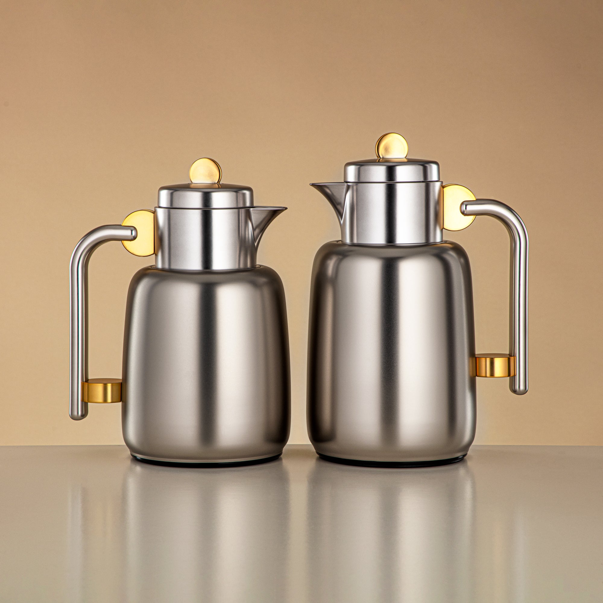 Almarjan Vacuum Flask Set - 0.7L + 1L, Matt Silver & Matt Gold (FG808-070/100 MG/MC) - For Serving Tea & Coffee