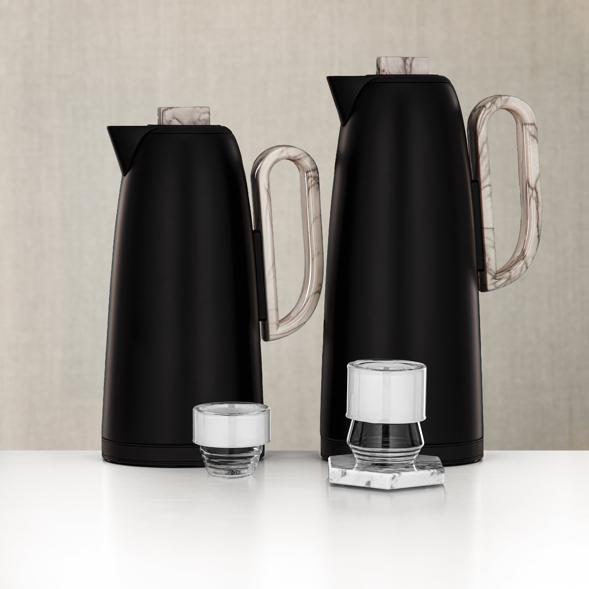 Almarjan Vacuum Flask & Tea Set 20 Pieces Matt Black with Marble Accents