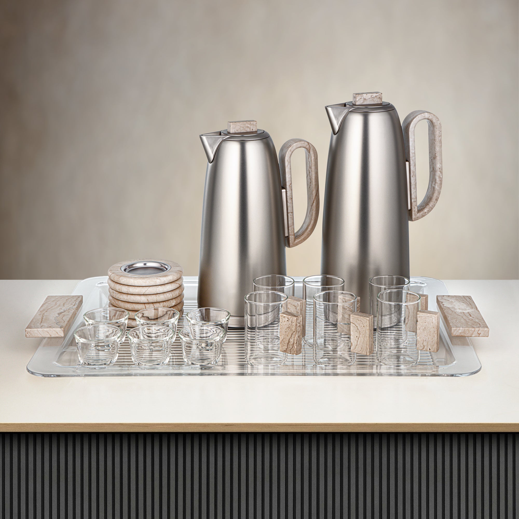 Almarjan Tea & Coffee Set 21 Pieces Matt Nickel & Travertine