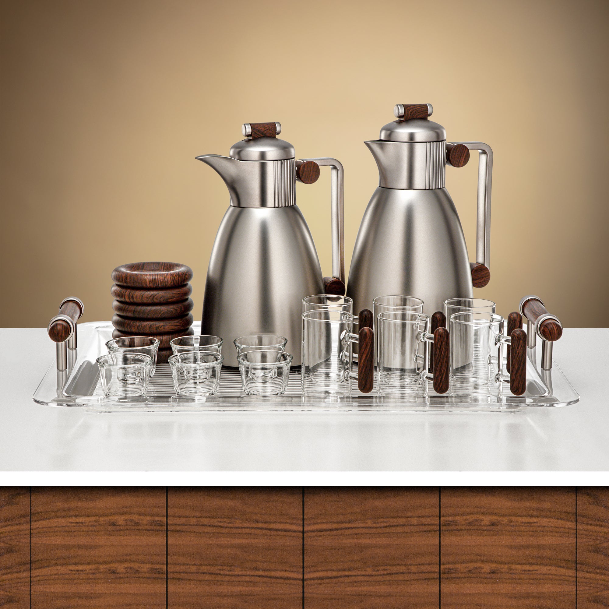 Almarjan Vacuum Flask Set 21 Pieces Matt Nickel & Dark Wood