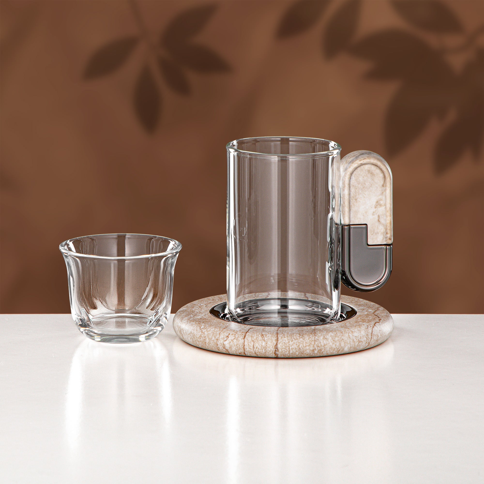 Almarjan 21 Pieces Tea & Coffee Serving Set, Gun Black & Travertine Marble