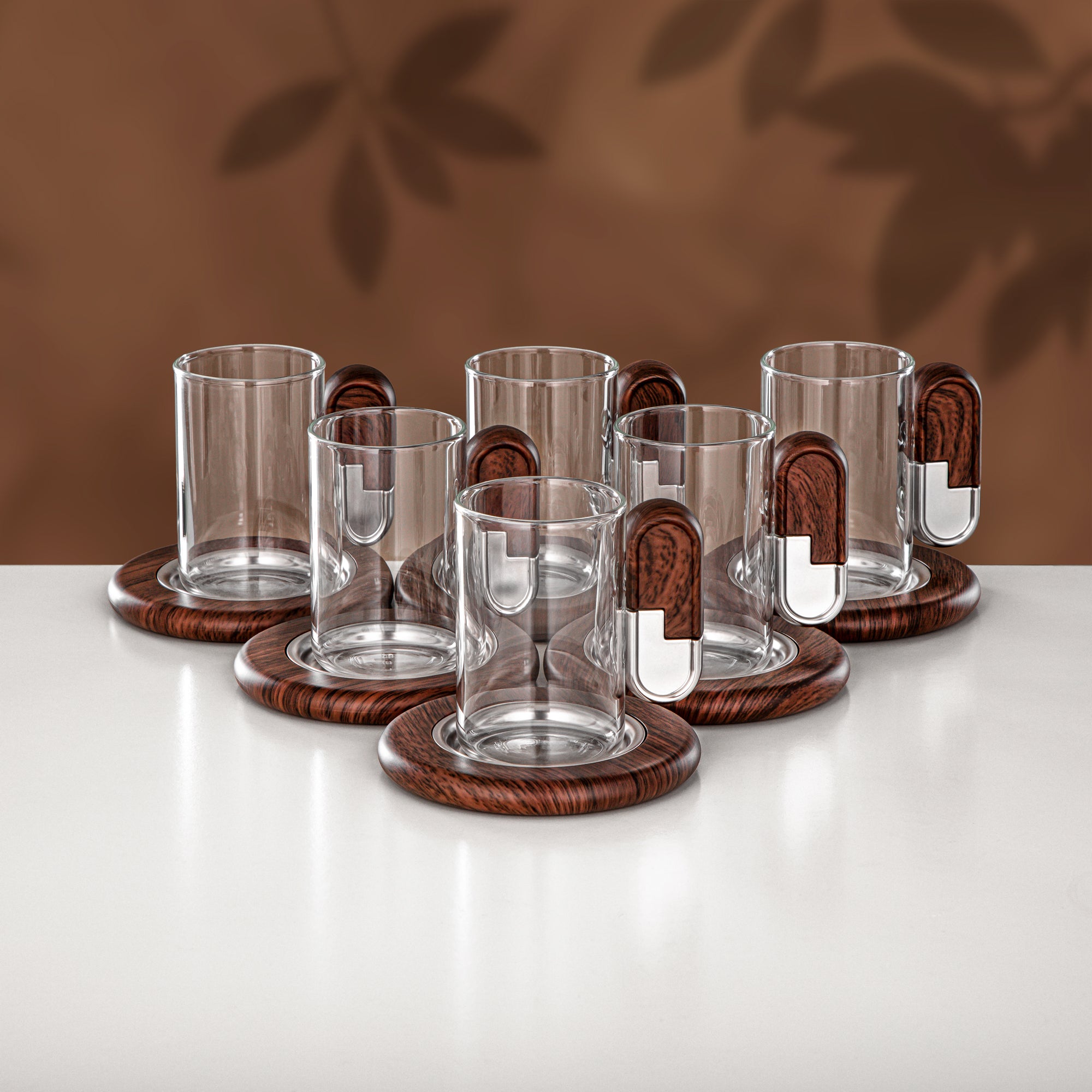 Almarjan 18 Pieces Tea & Coffee Set, Matt Nickel & Dark Wood