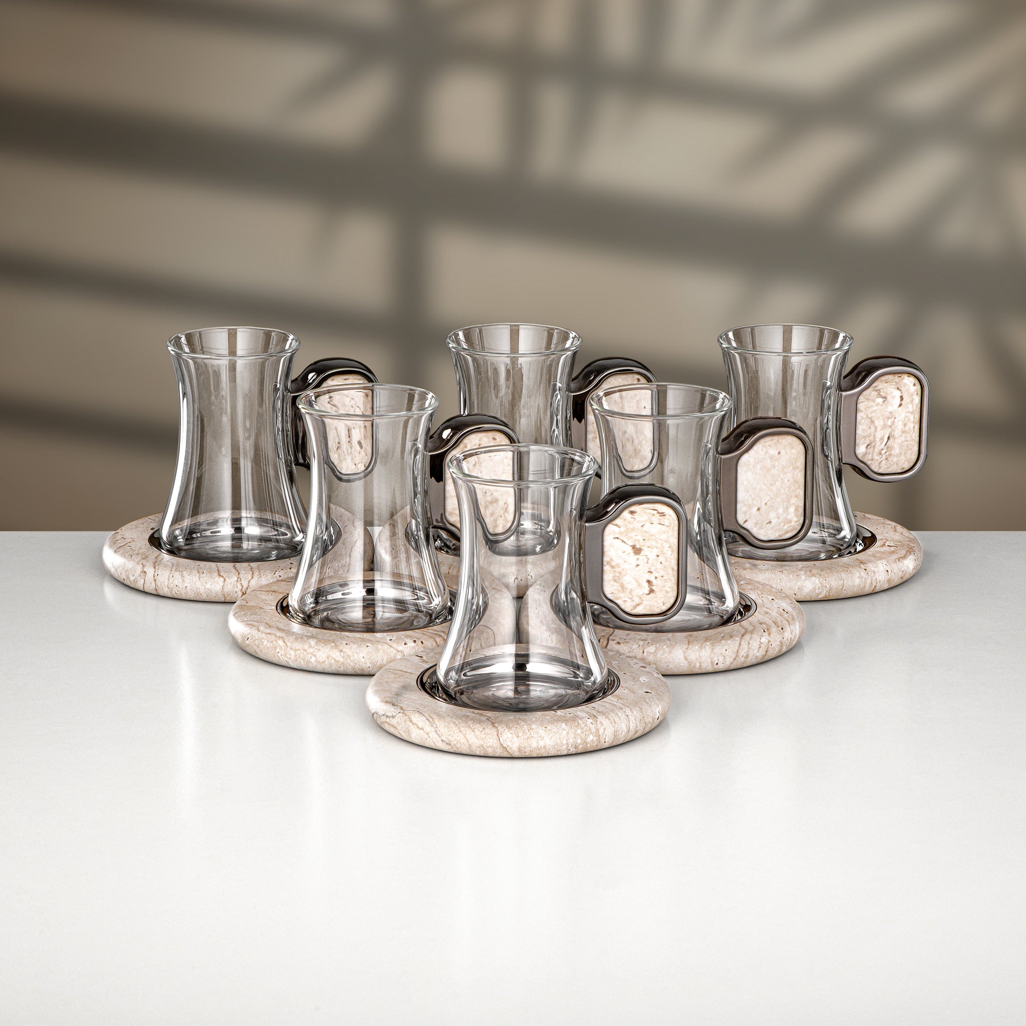 Almarjan 18 Pieces Tea & Cawa Cup Set, Gun Black & Travertine Marble