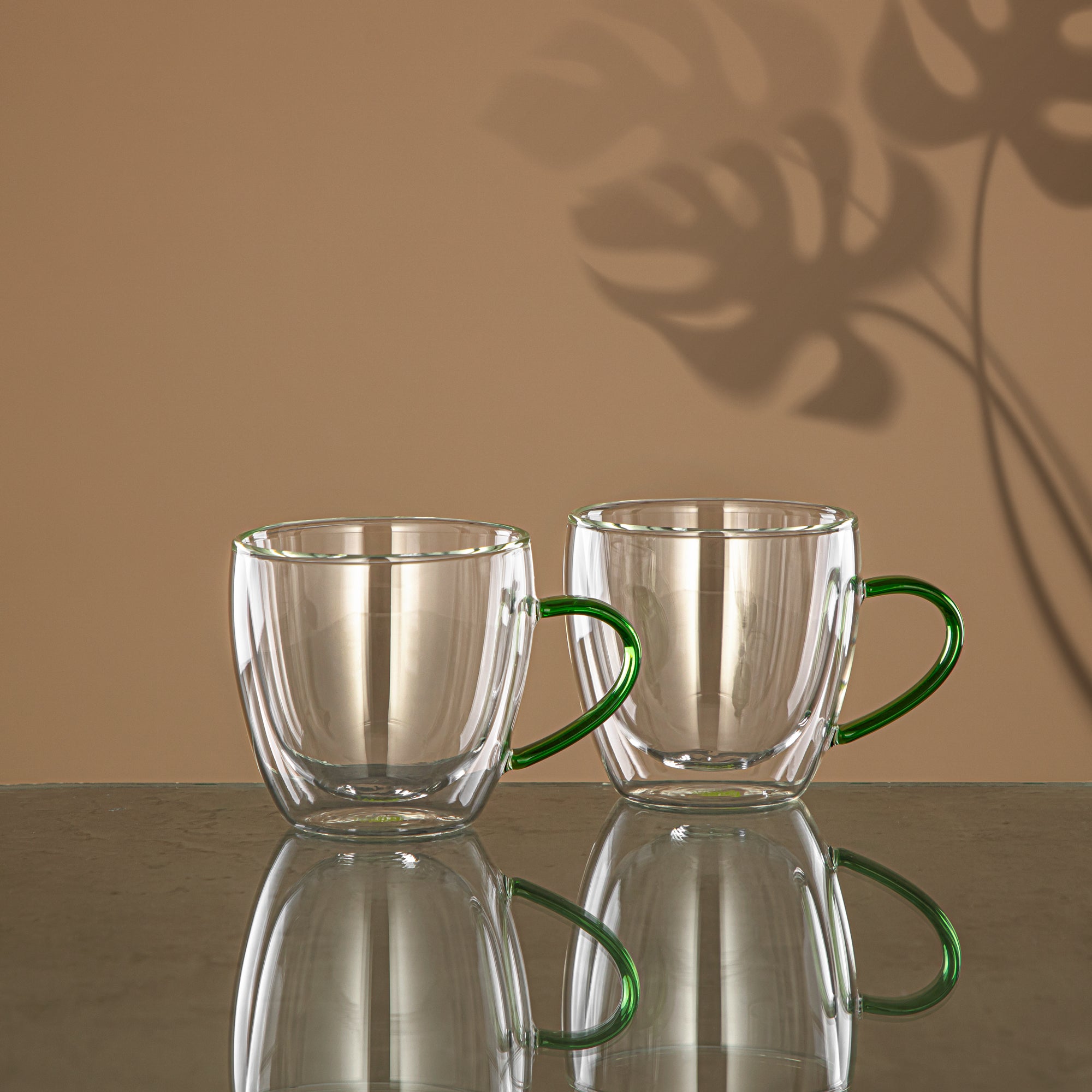 Almarjan Café Latte Cup Set 2 Pieces, Double Wall Borosilicate Glass, 200ML, Clear & Green (GLS0010157) - Elegant Serveware