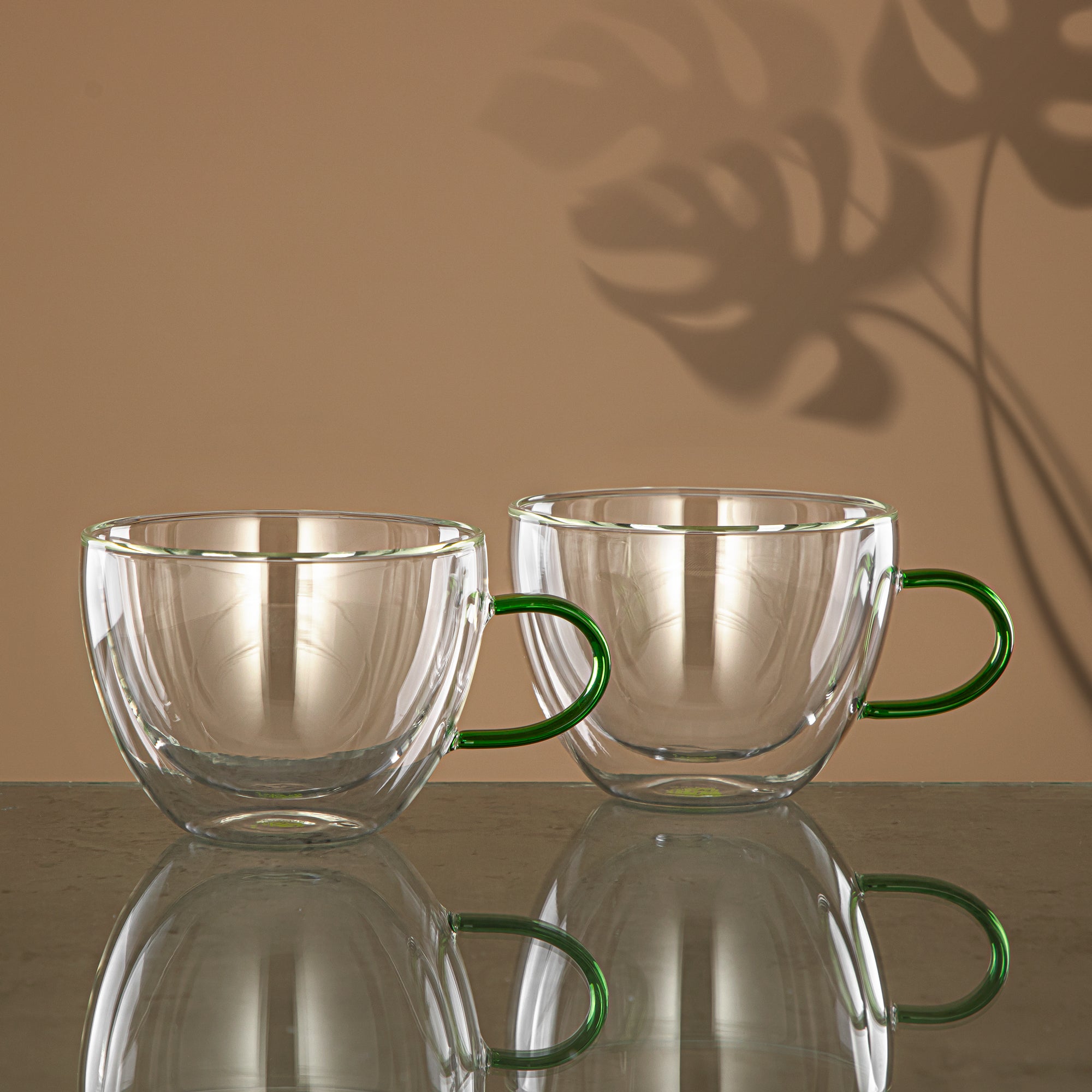 Almarjan Cappuccino Cup Set 2 Pieces, Double Wall Borosilicate Glass, 350ML, Clear & Green (GLS0010160) - Elegant Serveware