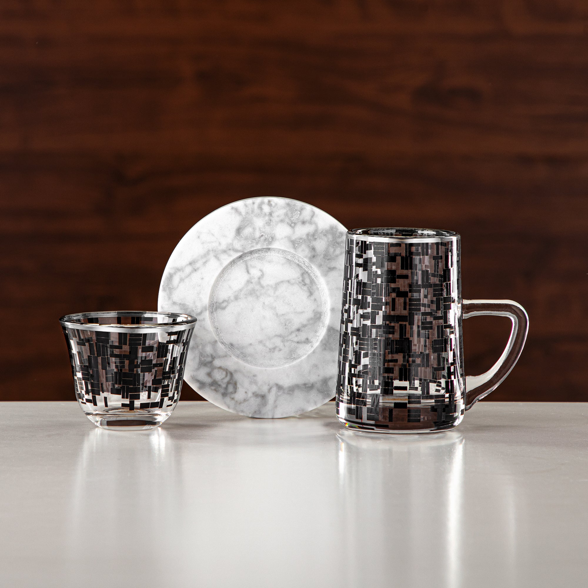 Almarjan Tea & Coffee Set 18 Pieces, Glass, Silver Rim (GLS2630066) - Chich Serveware