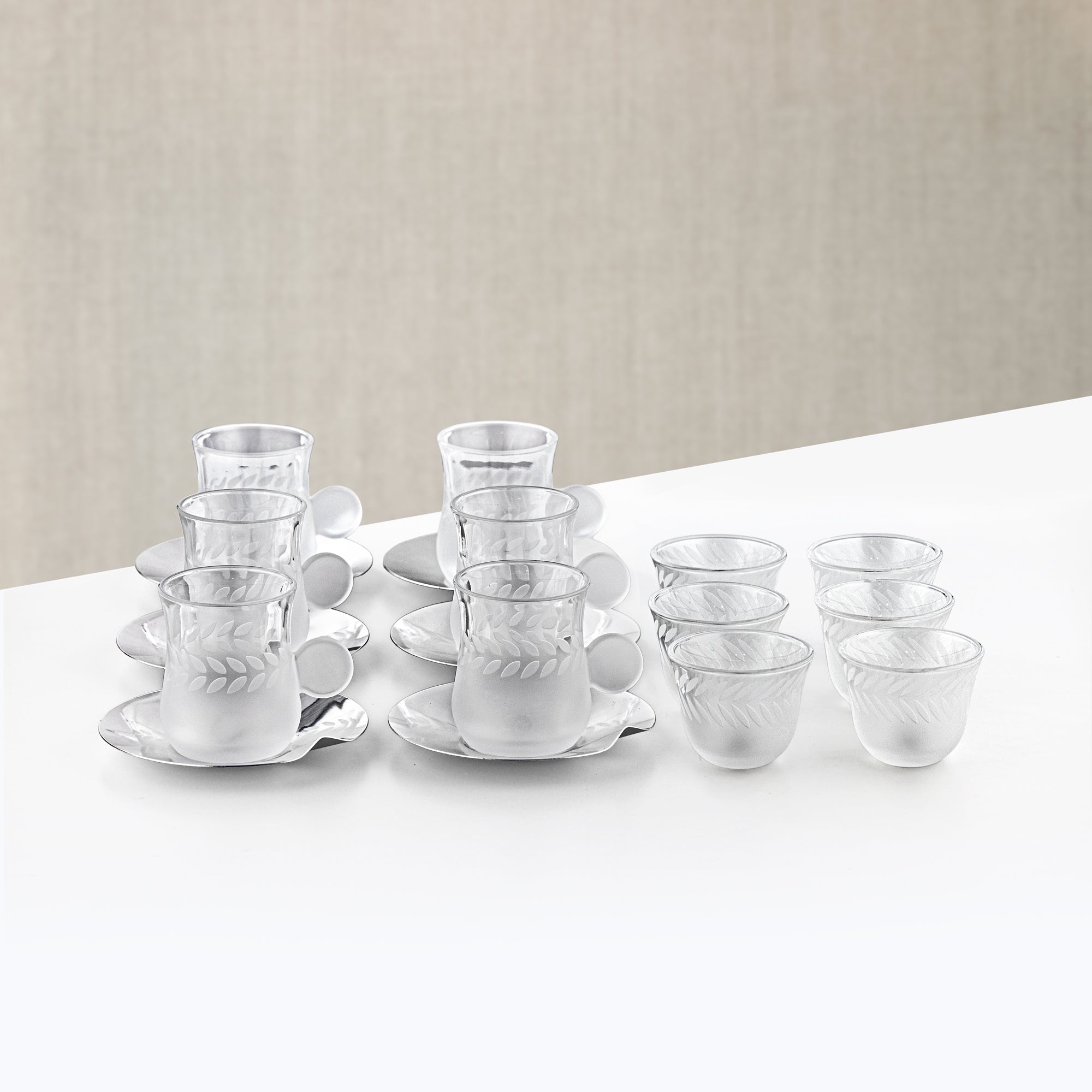 Almarjan Tea & Arabic Coffee Set 18 Pieces Frosted Glass & Stainless Steel