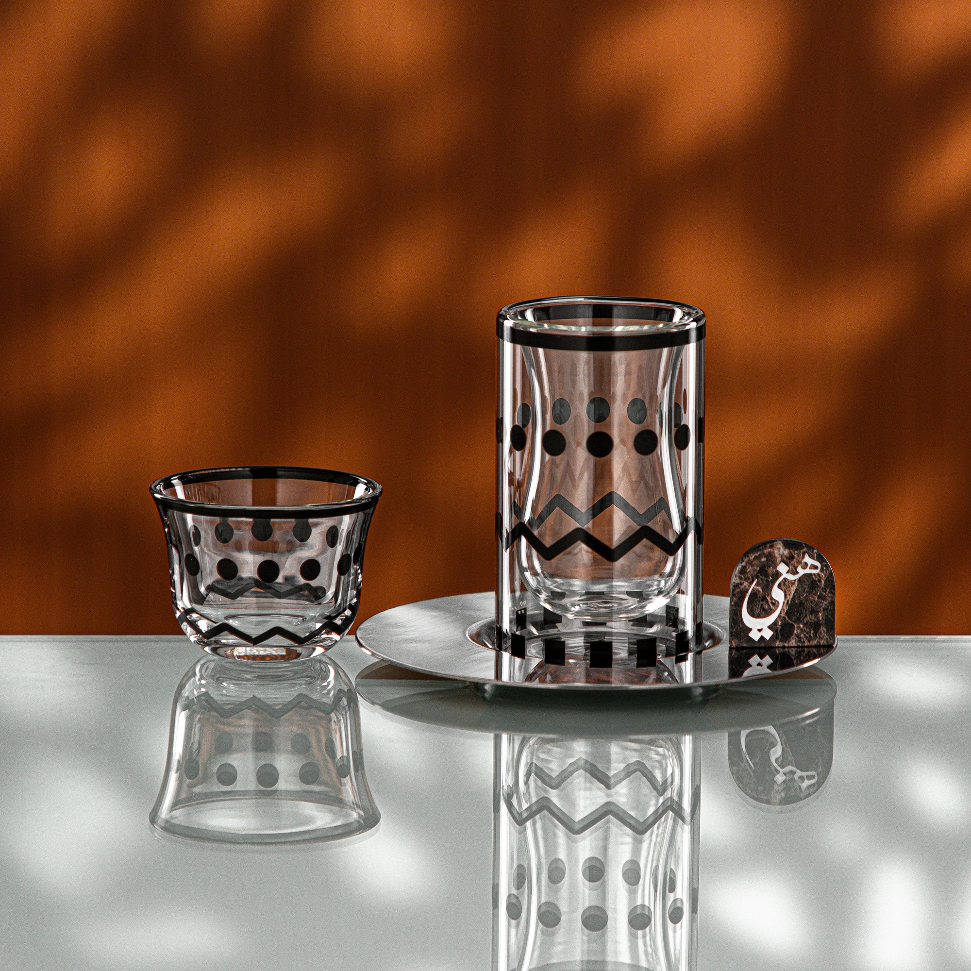 Almarjan Tea & Coffee Set 18 Pieces Shiny Silver & Brown Marble