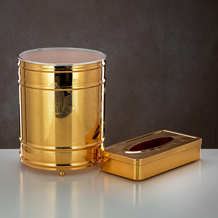 Almarjan 2 Pieces Dustbin & Tissue Box Set Gold - HT2305016