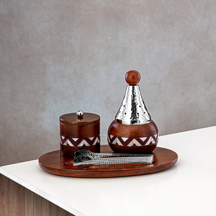 Almarjan 4 Pieces Incense Burner Set Wood & Silver - MD-269 A