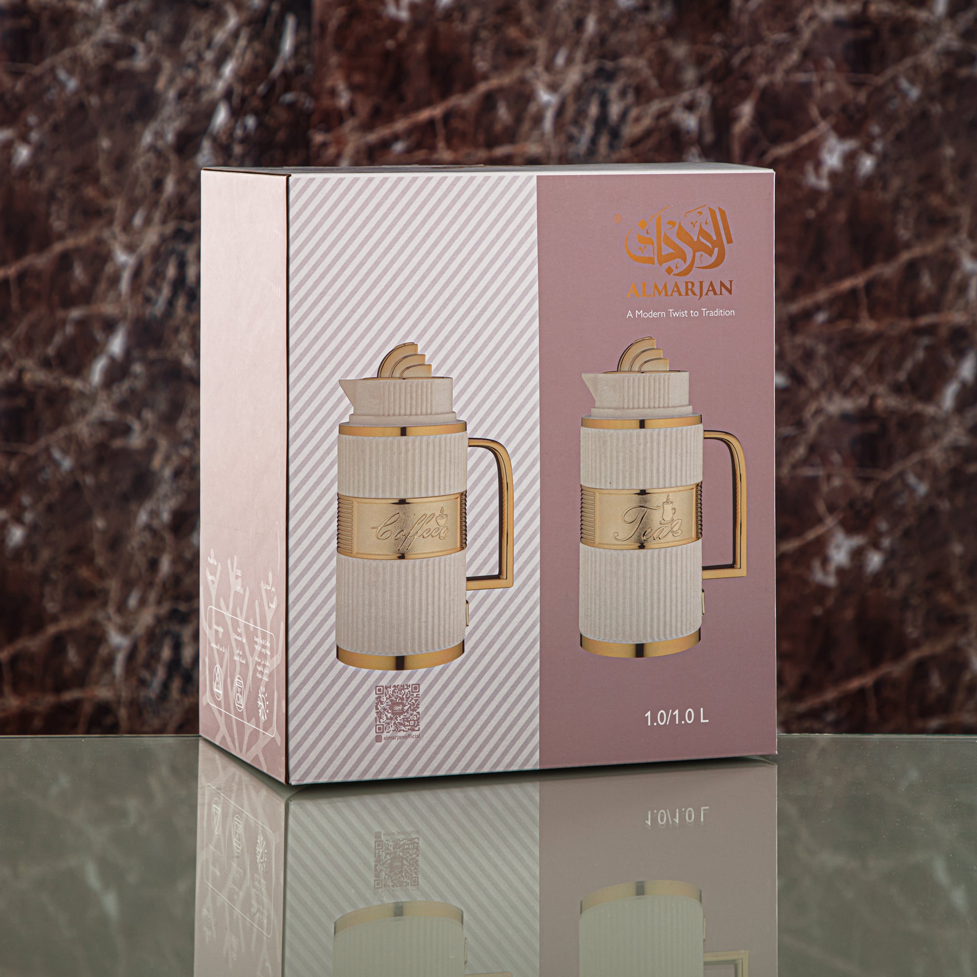 Almarjan Vacuum Flask Set, ABS, Push Button - 1L + 1L, Ivory & Gold (OUD-MIVYG) - Tea & Coffee