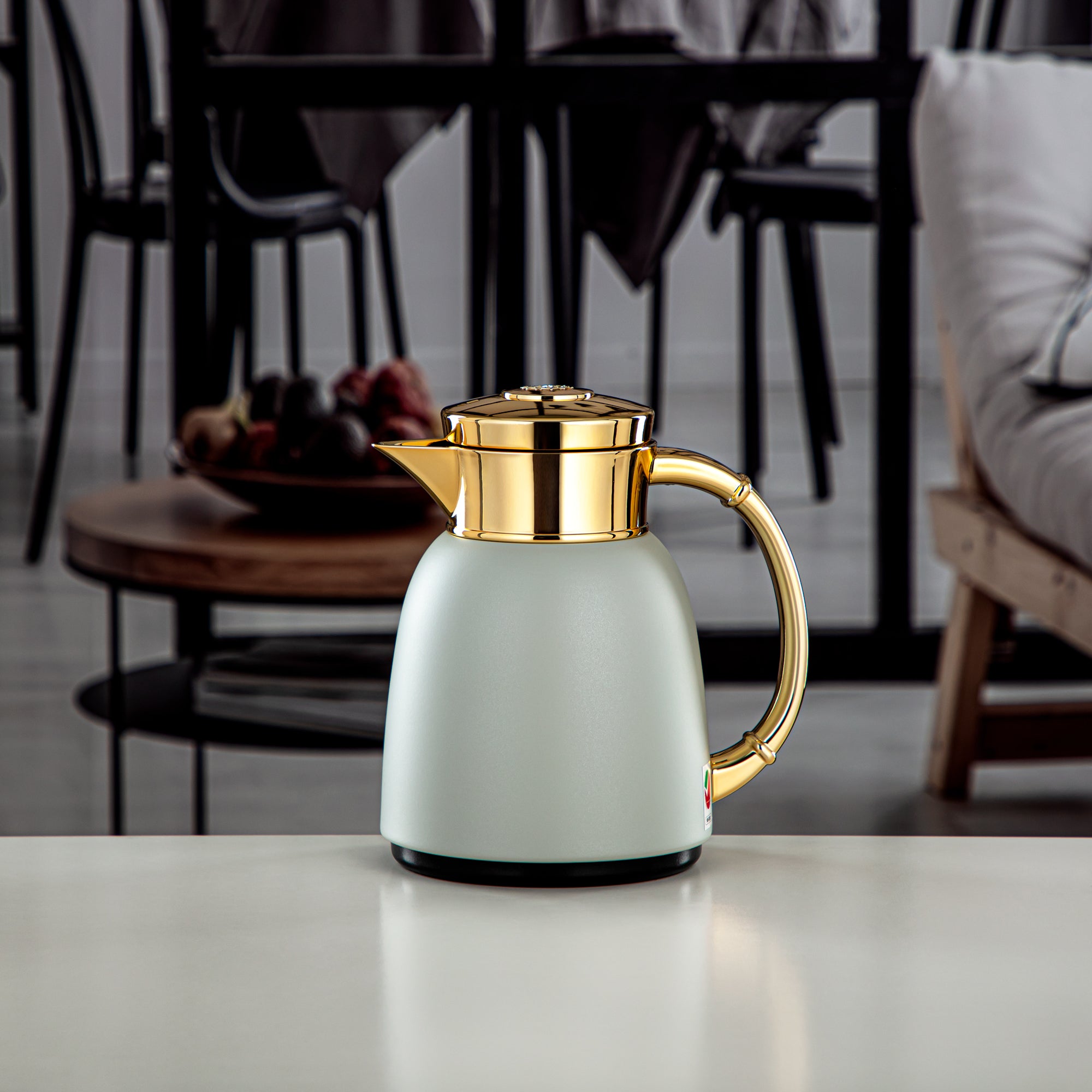 Almarjan Vacuum Flask 0.35L (QVC-0350Q265YZC95) - Push Button, Stone Grey & Gold | Modern Serveware