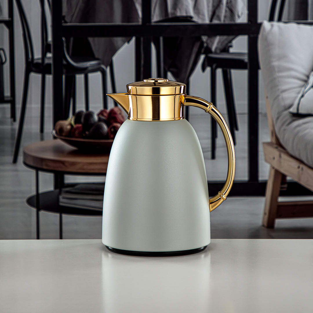 Almarjan Vacuum Flask 1.0L (QVC-1000Q265YZC95) - Push Button, Stone Grey & Gold | Modern Serveware