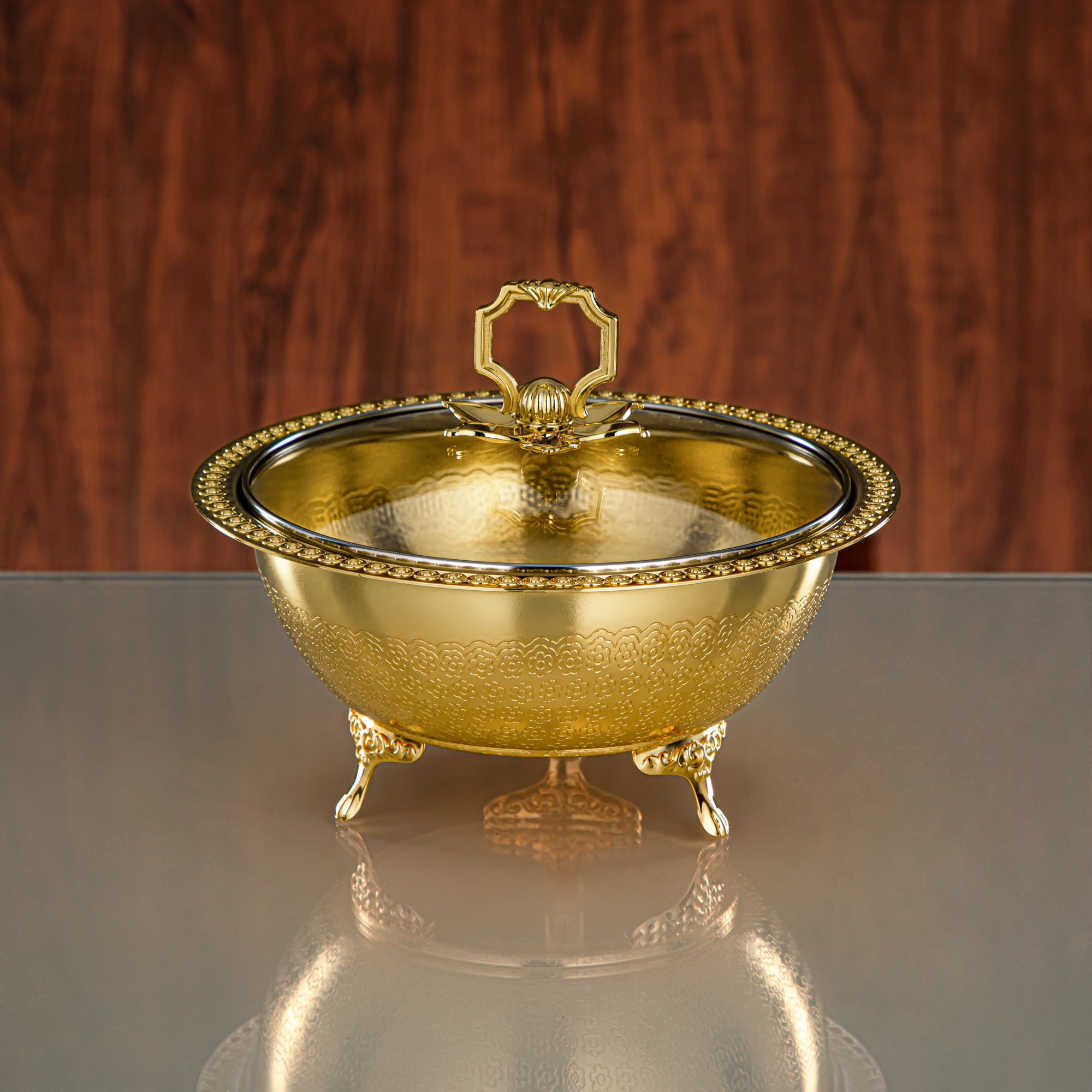 Almarjan Brushed Gold Date Bowl with Glass Cover – 21 CM