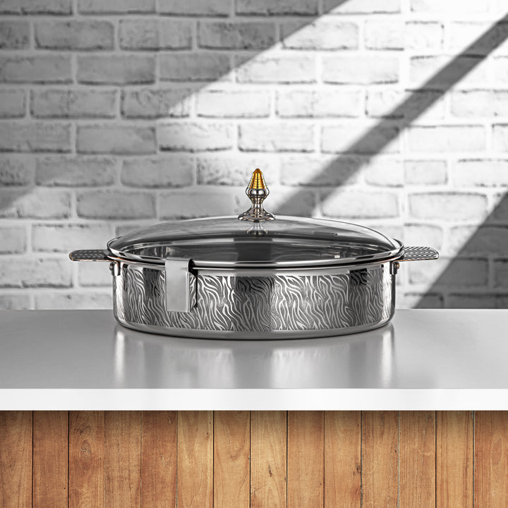 Almarjan 35 CM Mandi Collection Stainless Steel Hot Pot With Glass Cover Silver & Gold - H23PG1E