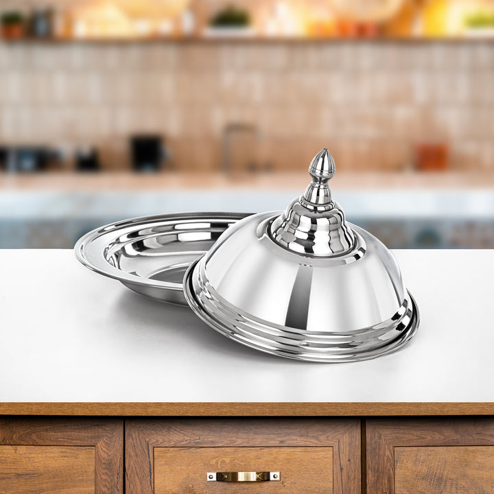 Almarjan Diwan Koozy Tray - 30CM Stainless Steel with Dome Cover, Mirror-Finish Serveware (H24P2)