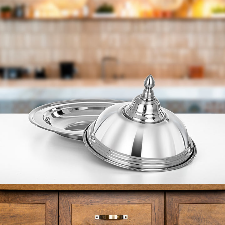 Almarjan Diwan Koozy Tray - 35CM Stainless Steel with Dome Cover, Mirror-Finish Serveware (H24P2)