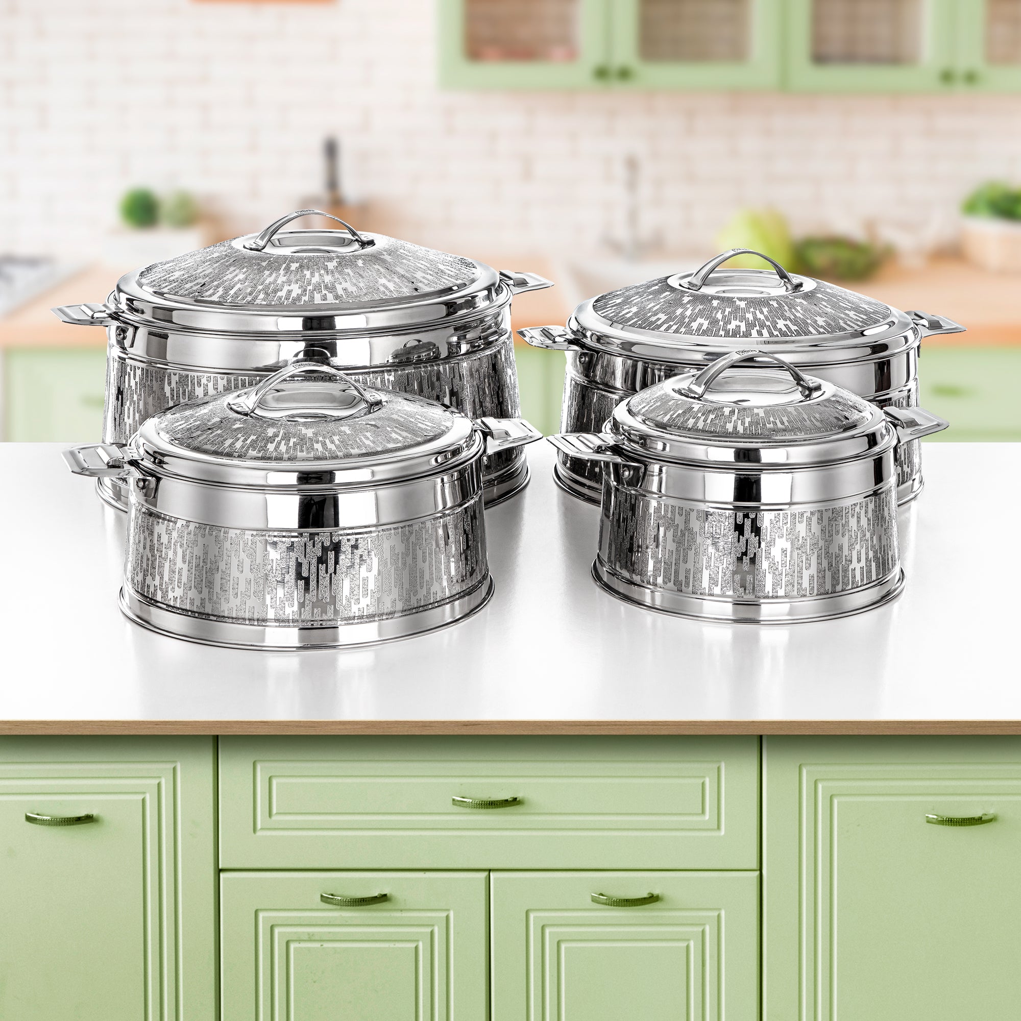 Almarjan 4-Piece Hot Pot Set | Rodha Collection | Stainless Steel | Mirror Finish | Heat Retaining | 3000ML to 9000ML - H24E14