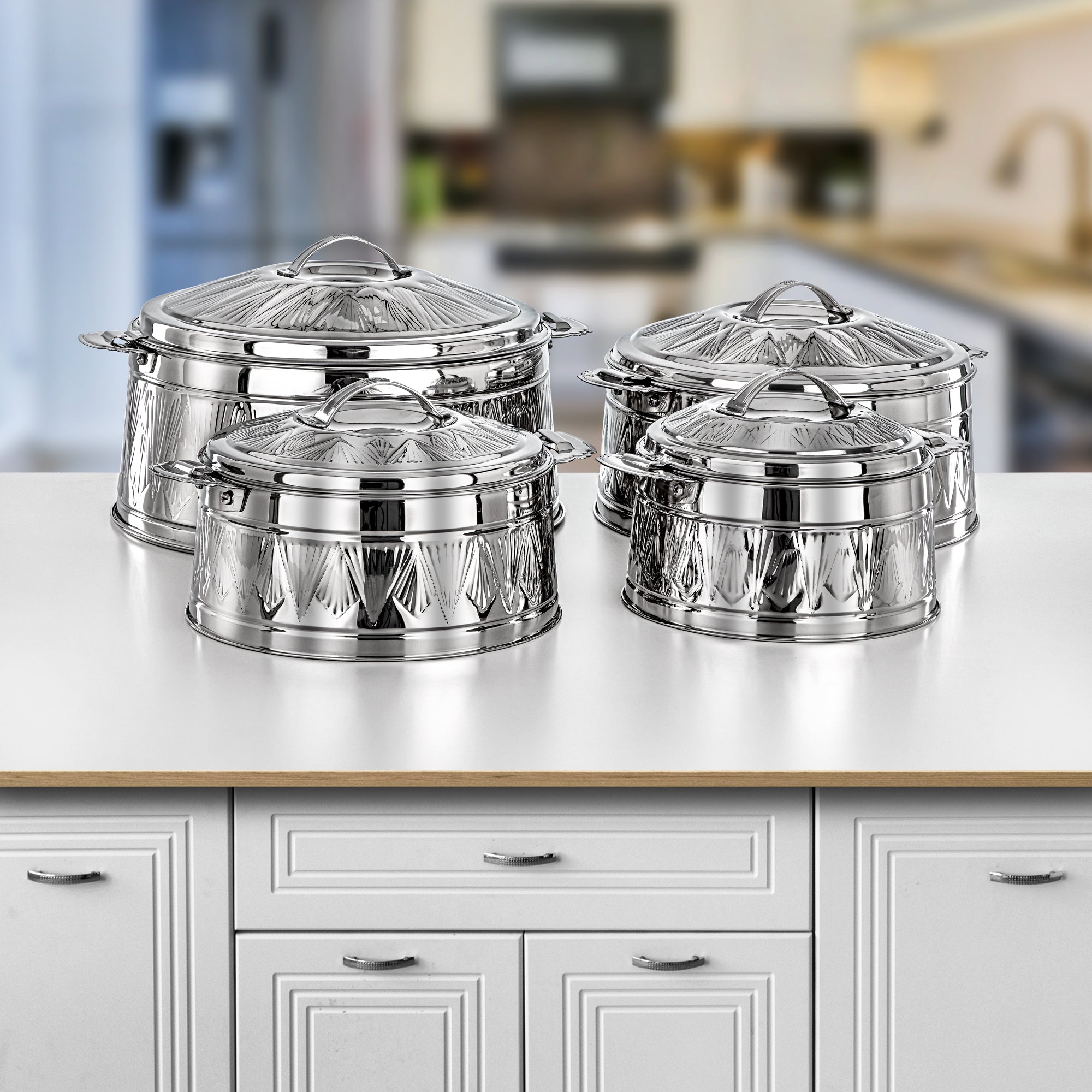 Almarjan 4-Piece Stainless Steel Hot Pot Set | Mirror Finish & Heat-Retaining | Rodha Collection | 3000ML to 9000ML - H24M16