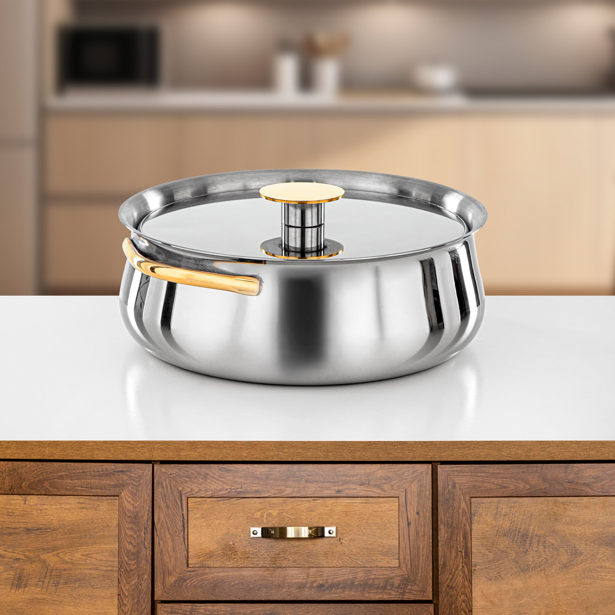 Almarjan Hot Pot Stainless Steel, 25CM (2500ML), Silver & Gold (H25PG15) - Jawaher Collection
