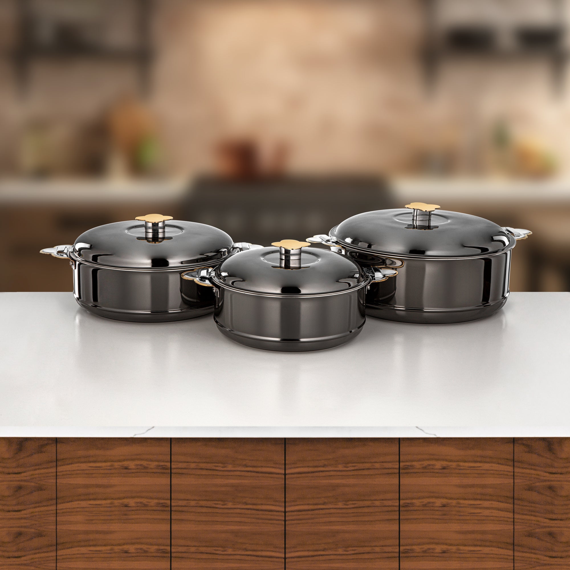 Almarjan Vida Hot Pot Set 3 Pieces 2.5L, 3.5L & 5L Gun Black & Gold