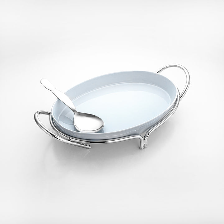 Almarjan Mirror Finish Oval Serving Tray with Porcelain Bowl - 45CM, Made in Italy