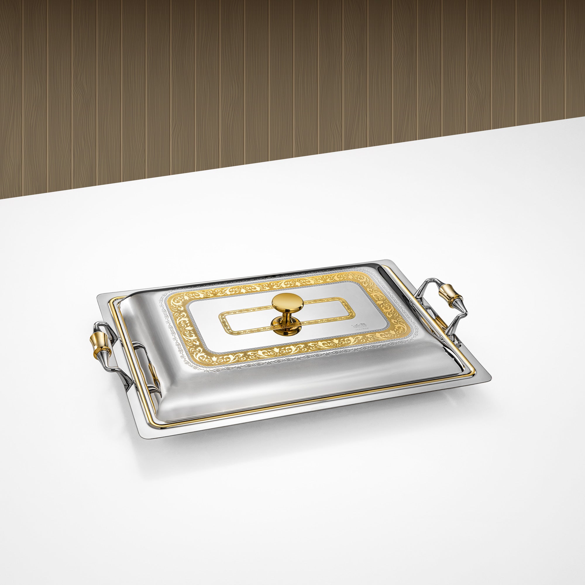 Almarjan Rectangular Serving Tray with Cover 45cm Silver & Gold